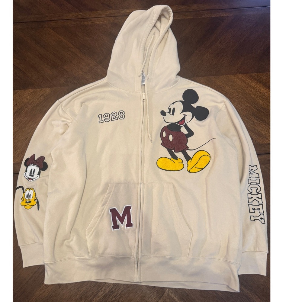 Disney Mickey Mouse 1928 Zip Up Hoodie Ivory Graphic‎ Print Cartoon Size XL |J1